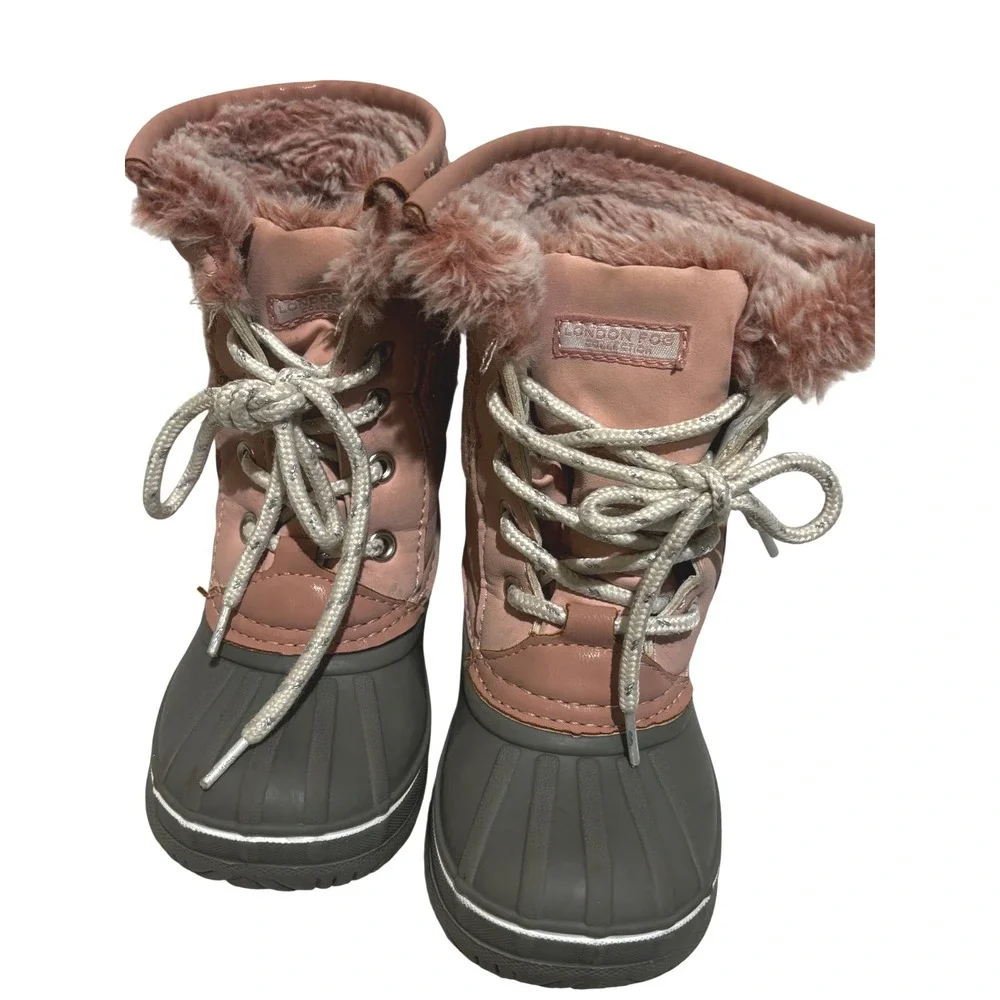 London Fog Girls Pink‎ & Gray Faux Fur Lined Winter Snow Boots Sz 8 Warm